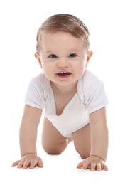 Photo of Cute little baby crawling on white background