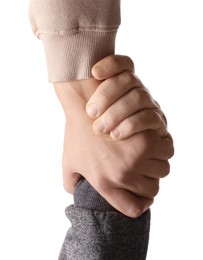 Photo of Help and support. People holding hands on white background, closeup