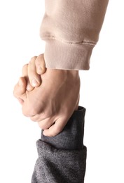 Photo of Help and support. People holding hands on white background, closeup