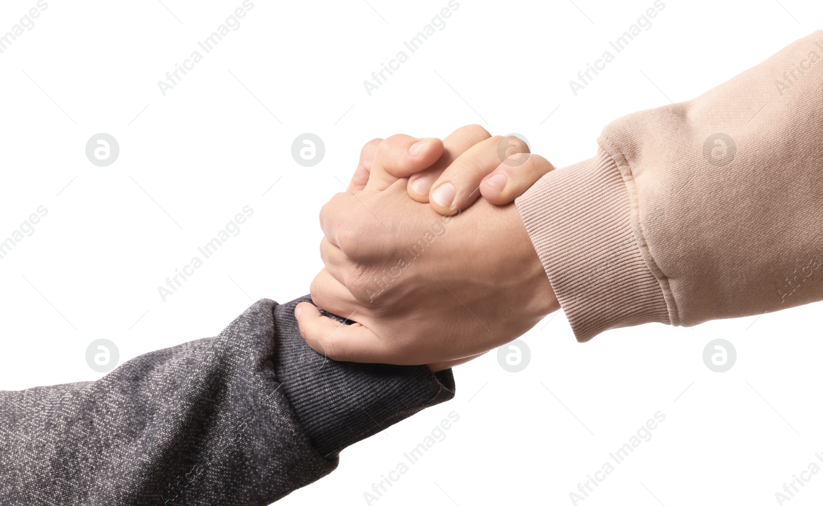 Photo of Help and support. People holding hands on white background, closeup