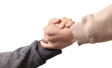 Photo of Help and support. People holding hands on white background, closeup