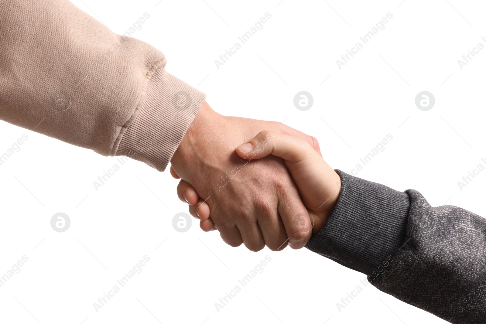 Photo of Help and support. People holding hands on white background, closeup