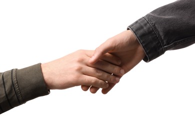 Photo of Help and support. People holding hands on white background, closeup