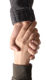 Photo of Help and support. People holding hands on white background, closeup