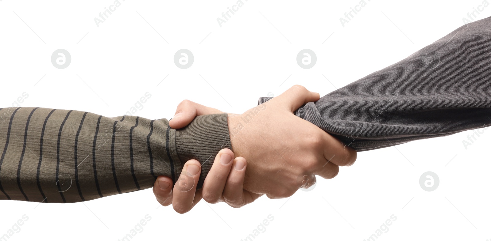 Photo of Help and support. People holding hands on white background, closeup