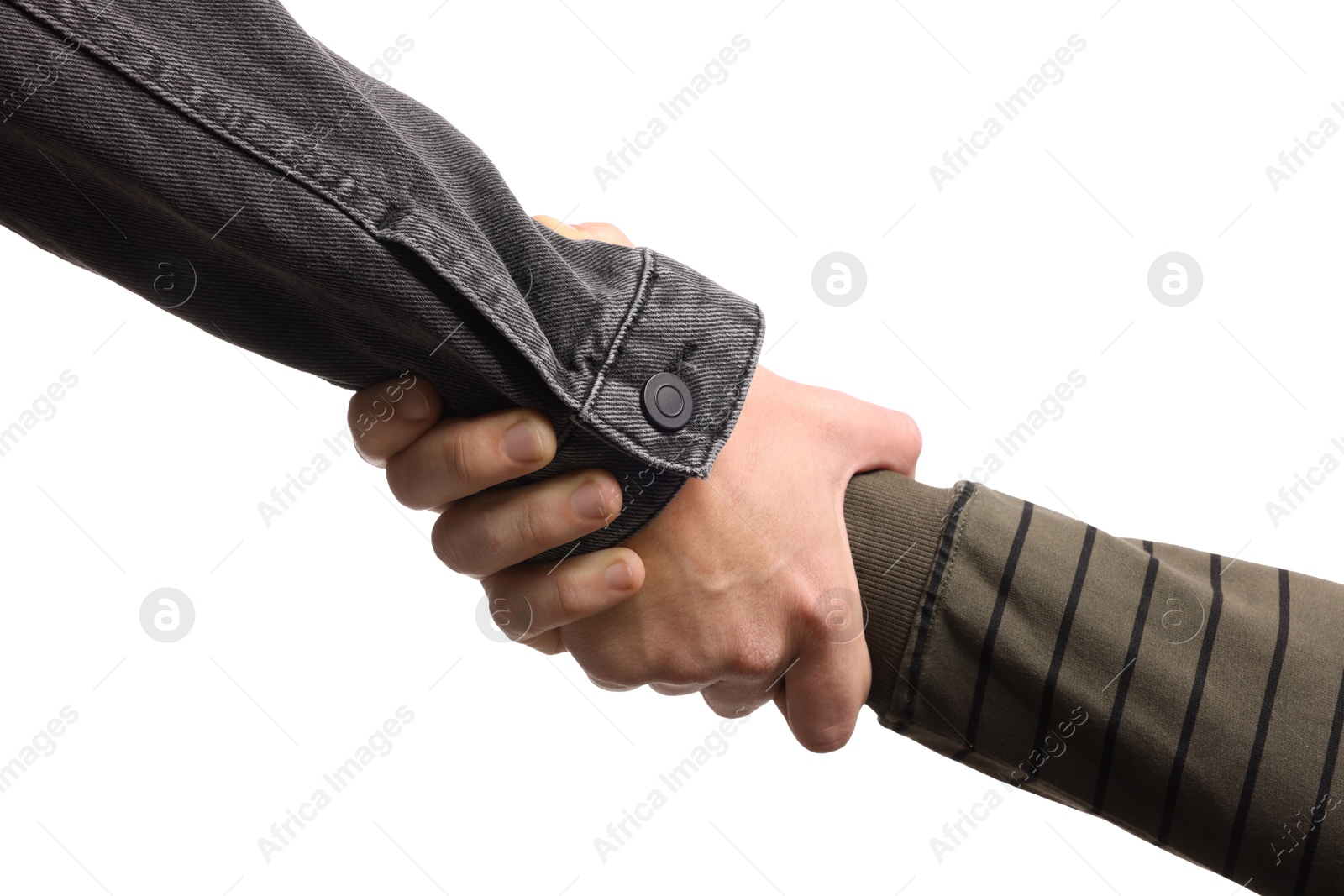 Photo of Help and support. People holding hands on white background, closeup