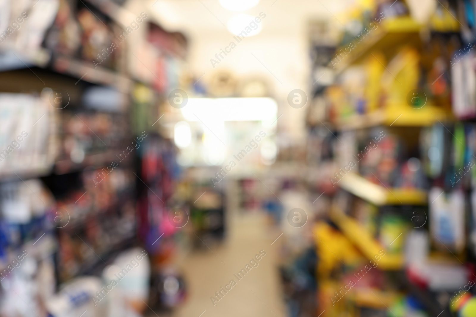 Photo of Blurred view of shelves with different products in pet shop