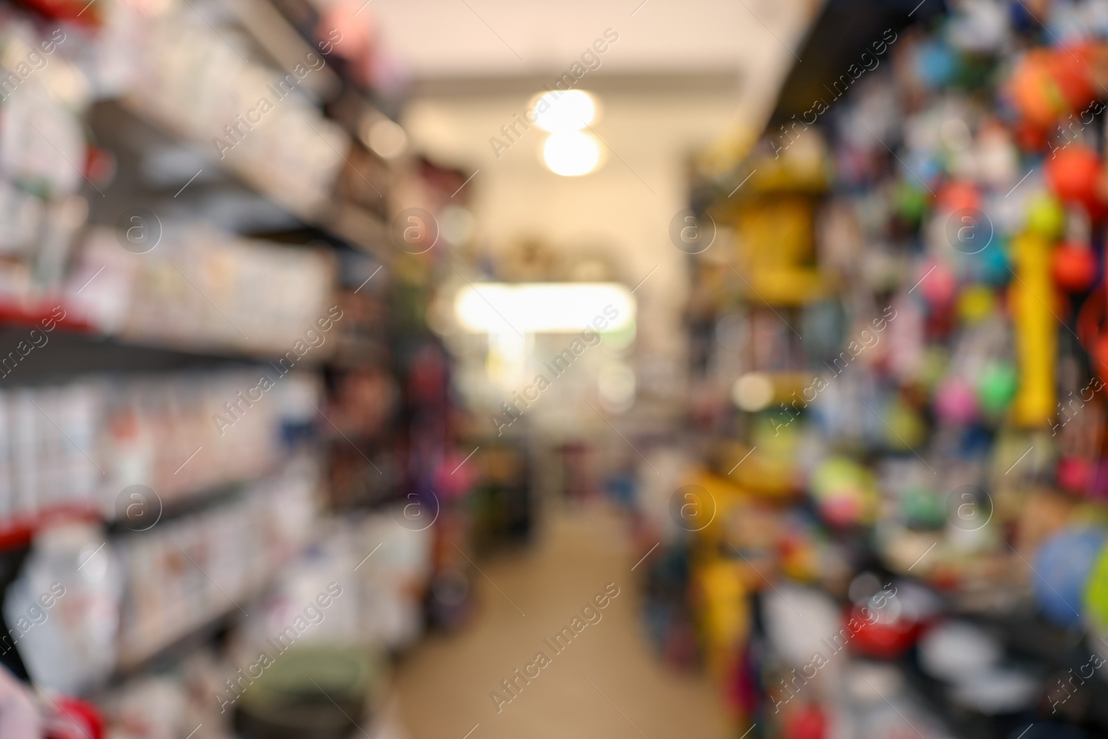 Photo of Blurred view of shelves with different products in pet shop