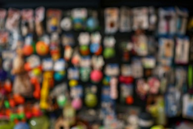 Blurred view of display with toys in pet shop