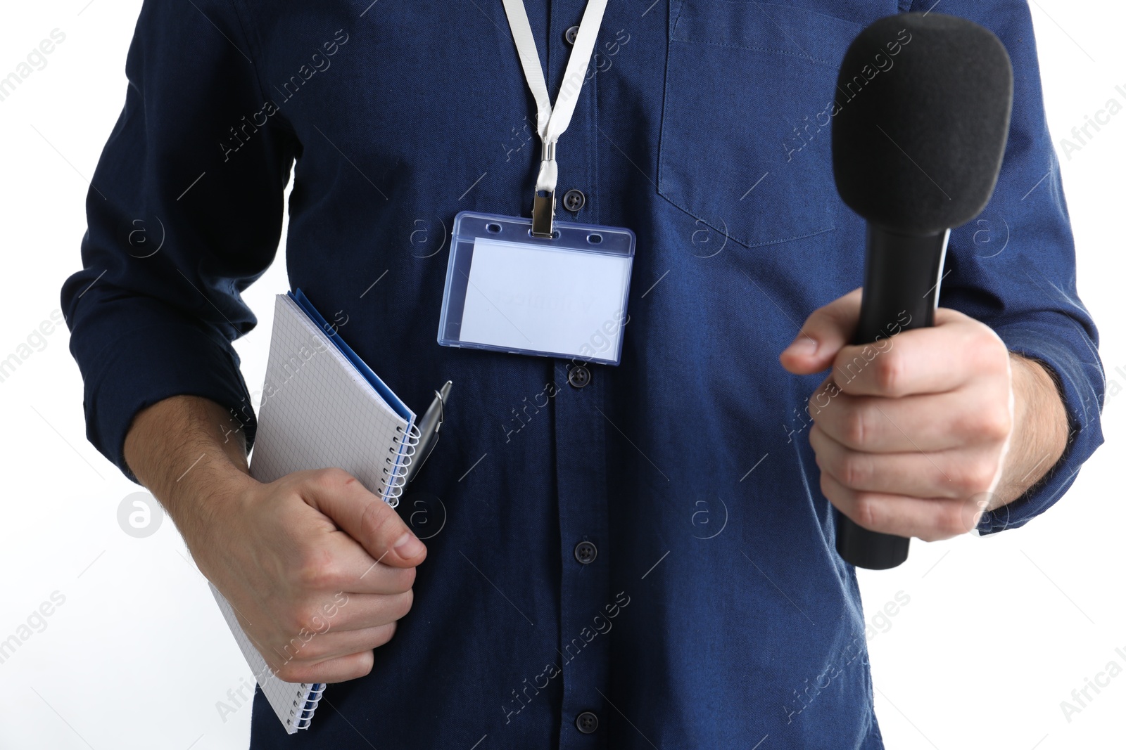 Photo of Journalist with microphone and notebook on white background, closeup