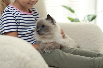 Photo of Little girl with cute kitten at home, closeup