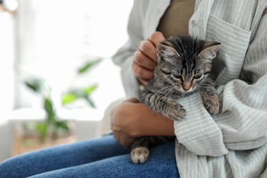 Photo of Woman with cute kitten at home, closeup