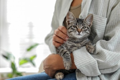 Photo of Woman with cute kitten at home, closeup