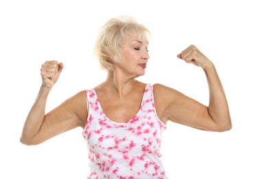 Photo of Senior woman exercising on white background. Healthy lifestyle