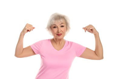 Photo of Senior woman exercising on white background. Healthy lifestyle