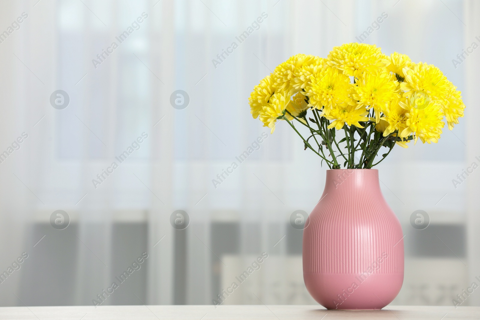 Photo of Beautiful yellow flowers in vase on table at home, space for text