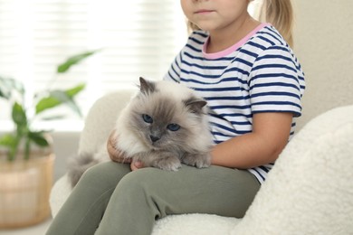 Photo of Little girl with cute kitten at home, closeup