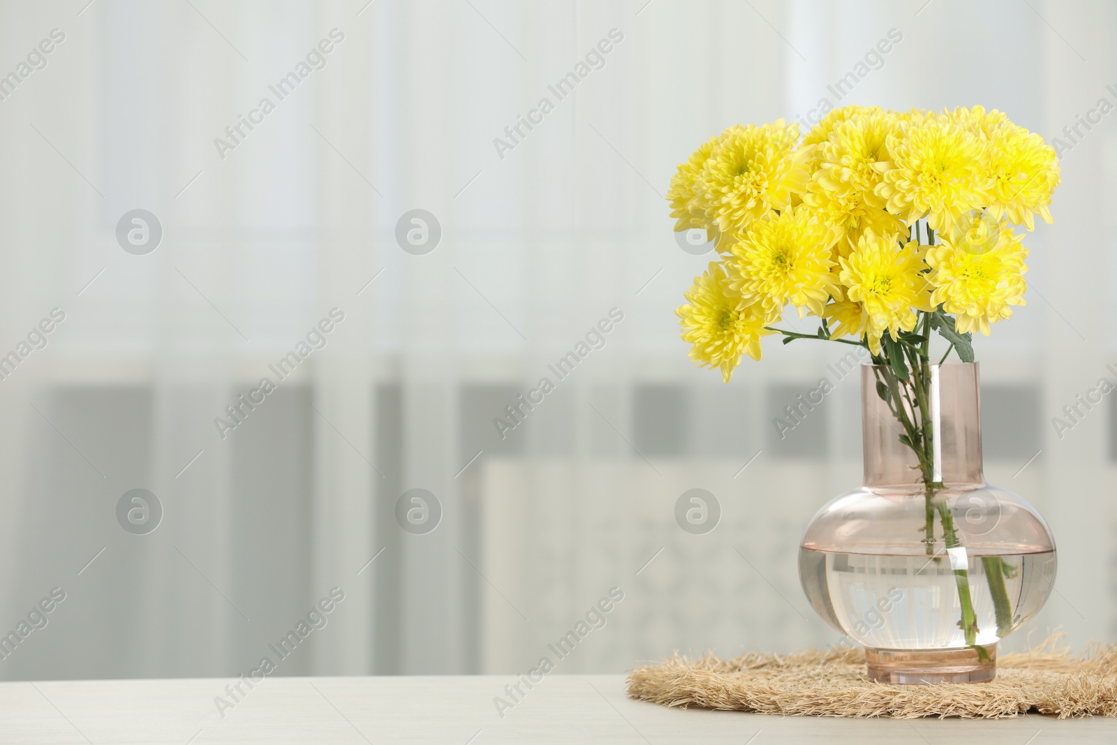 Photo of Beautiful yellow flowers in vase on table at home, space for text