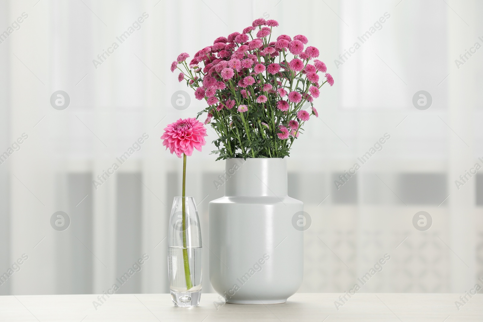 Photo of Beautiful pink flowers in vases on table at home