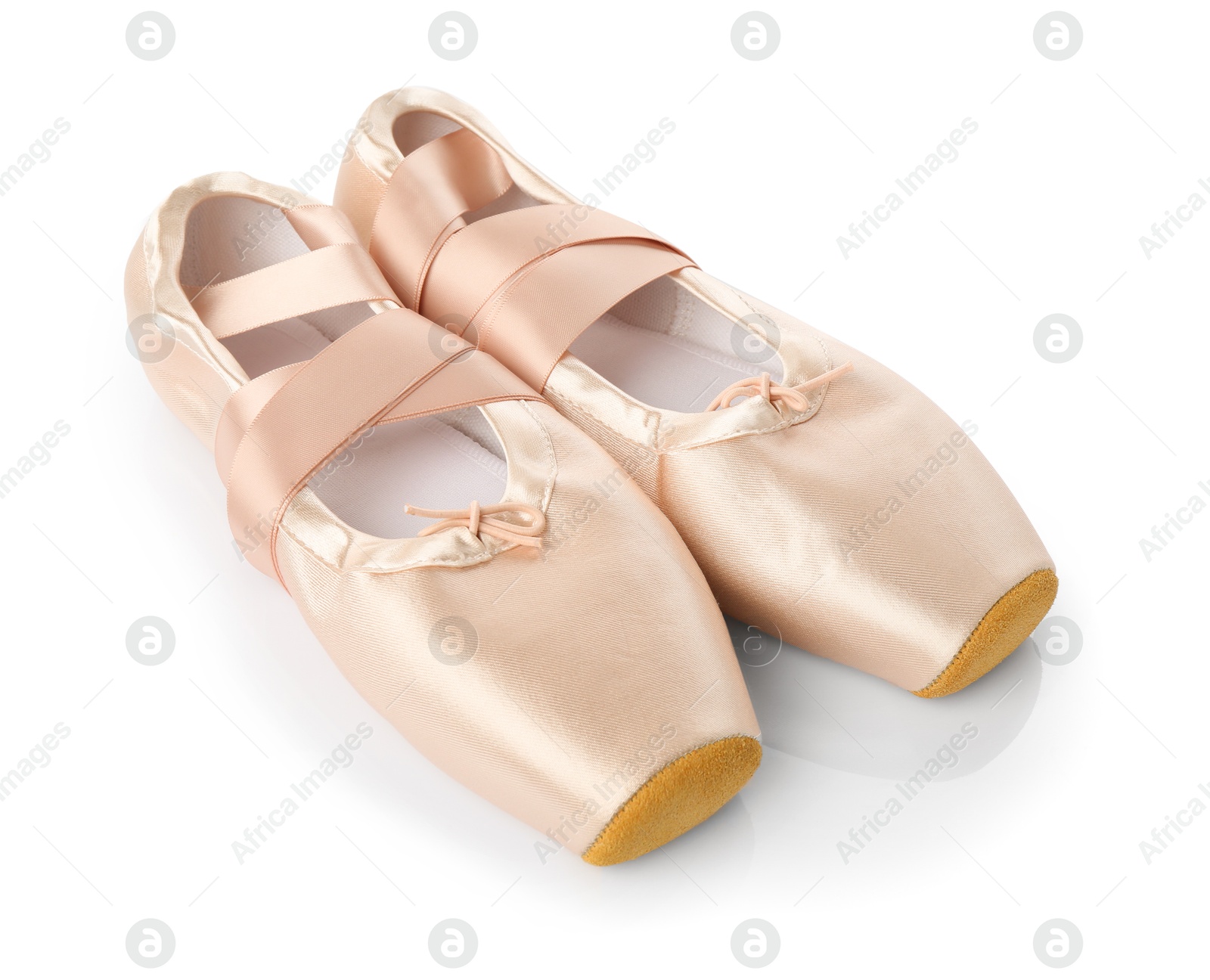 Photo of Pair of beautiful pointe shoes isolated on white