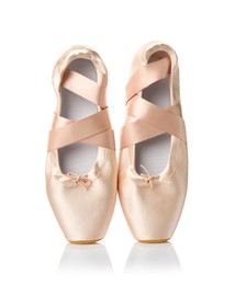 Photo of Pair of beautiful pointe shoes isolated on white