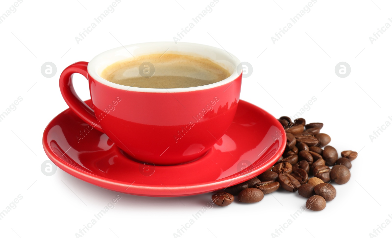 Photo of Red cup with coffee and roasted beans isolated on white