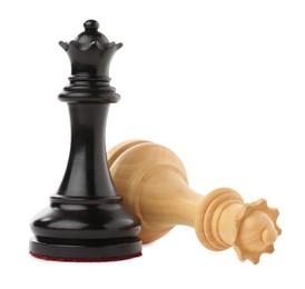 Photo of Chess queen near fallen one on white background. Competition concept