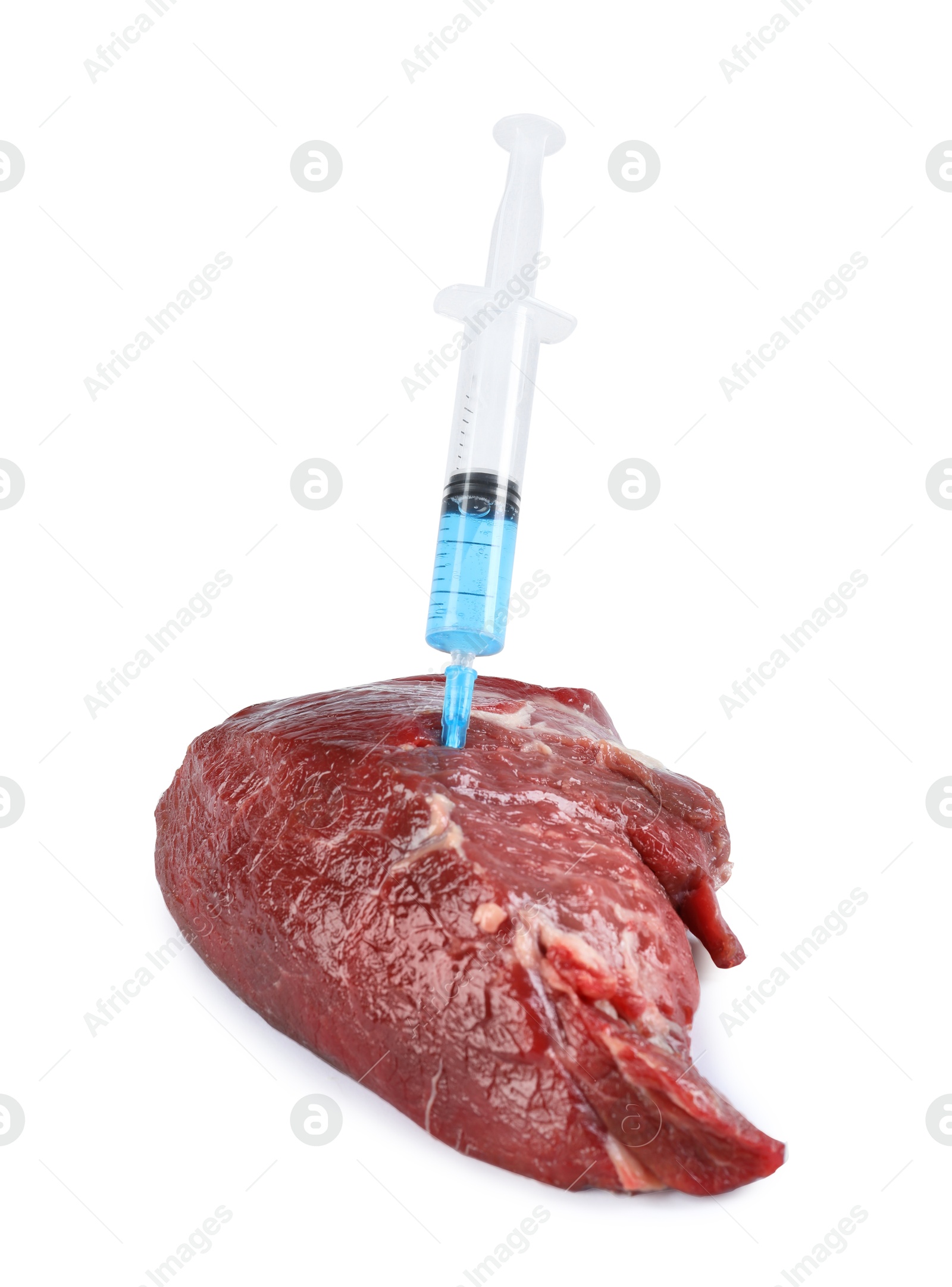 Photo of GMO concept. Piece of meat and syringe isolated on white