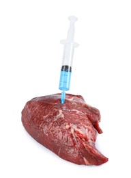 Photo of GMO concept. Piece of meat and syringe isolated on white