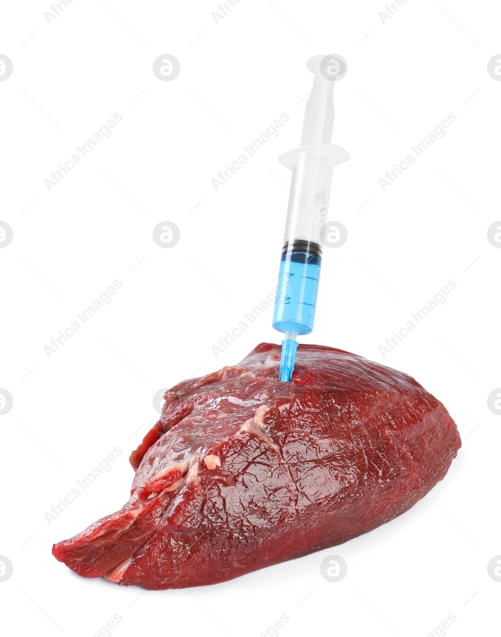 Photo of GMO concept. Piece of meat and syringe isolated on white