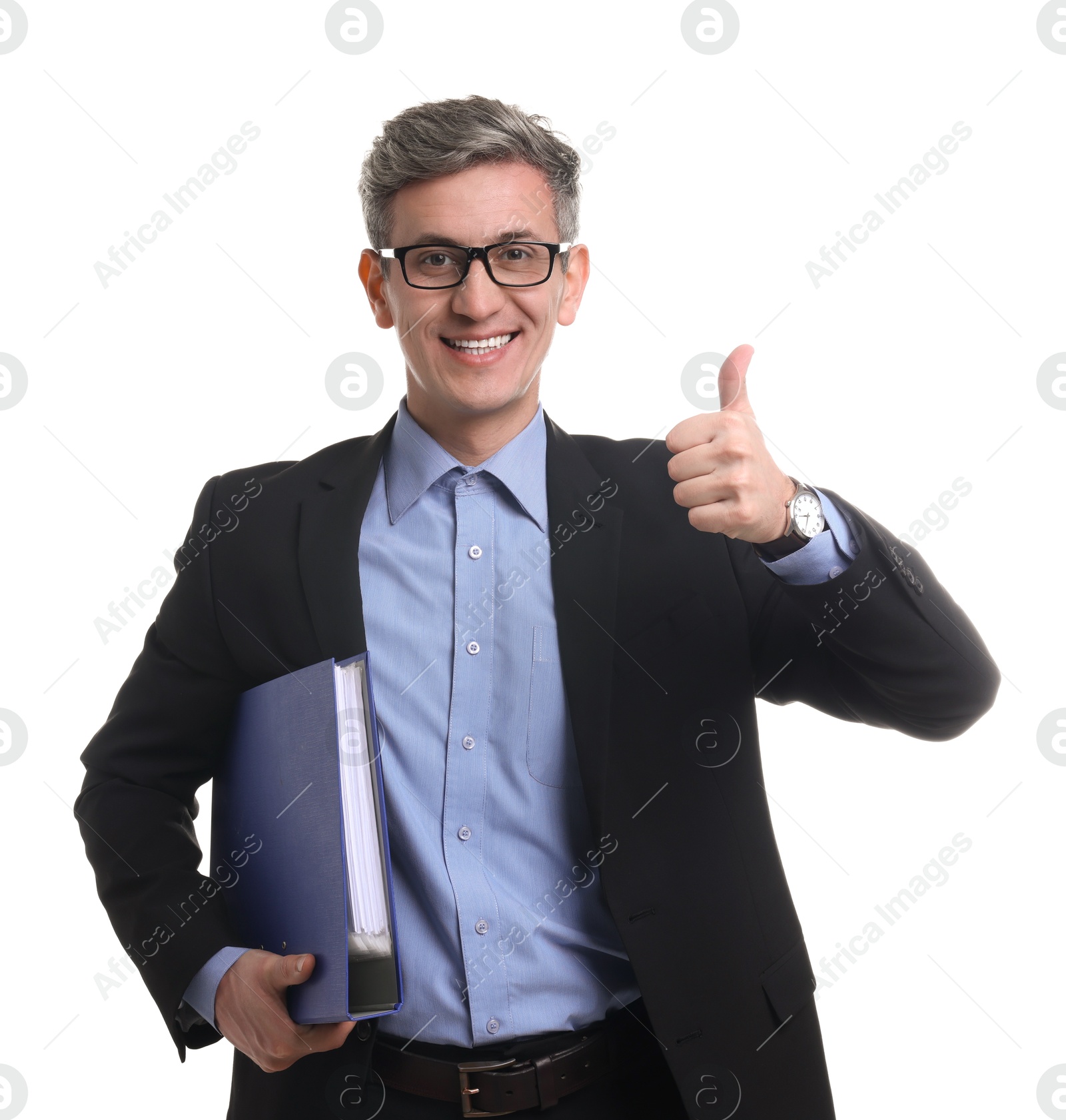 Photo of Businessman with folder showing thumbs up on white background