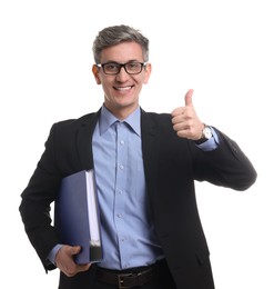 Photo of Businessman with folder showing thumbs up on white background