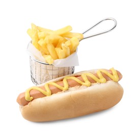 Photo of Tasty hot dog with fries isolated on white