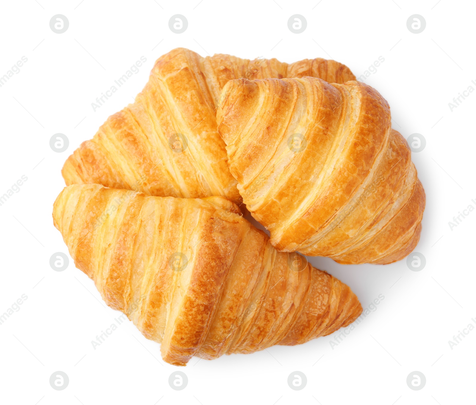 Photo of Tasty fresh croissants isolated on white, top view. Puff pastry