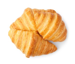 Photo of Tasty fresh croissants isolated on white, top view. Puff pastry