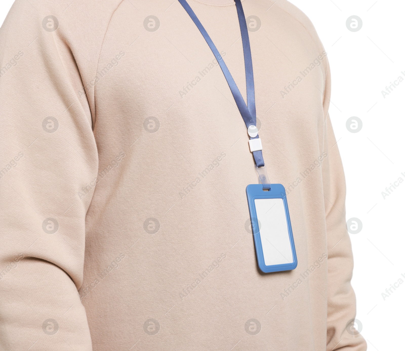 Photo of Man with blank badge on white background, closeup