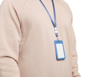 Photo of Man with blank badge on white background, closeup