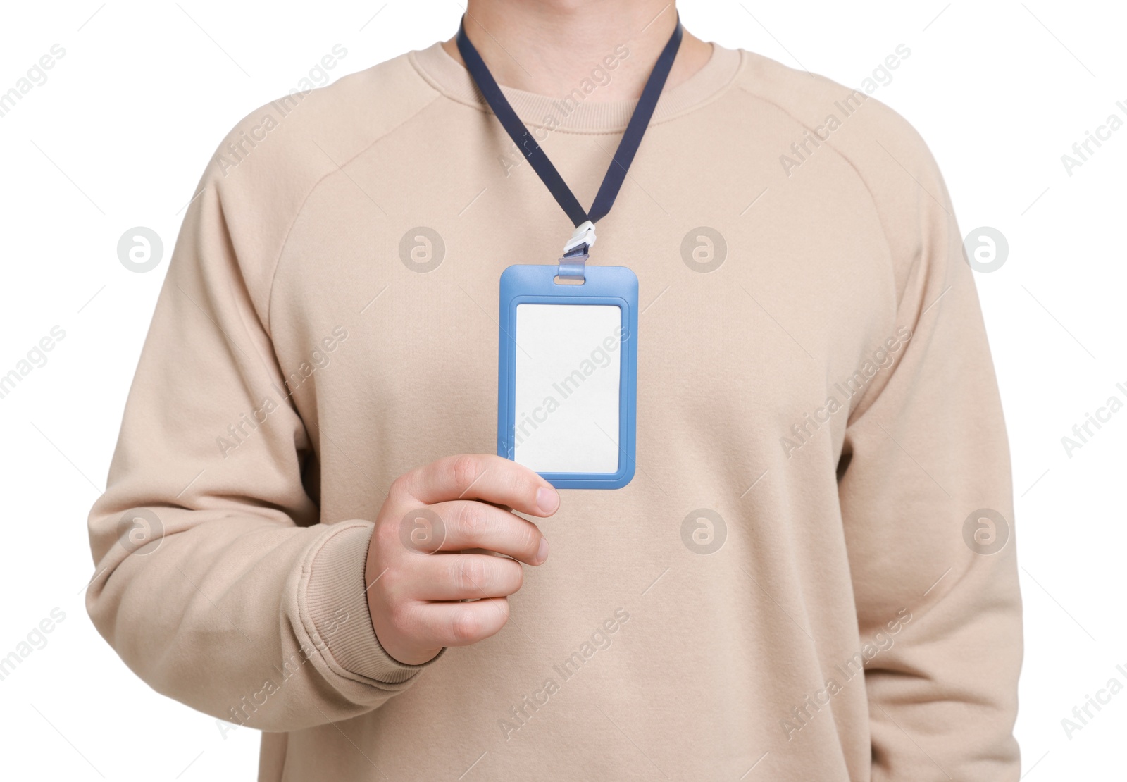 Photo of Man with blank badge on white background, closeup