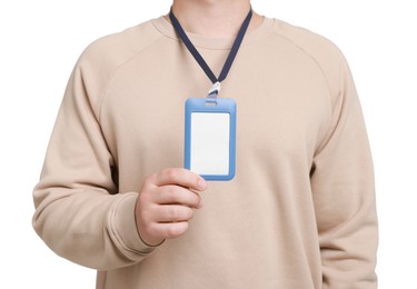 Photo of Man with blank badge on white background, closeup