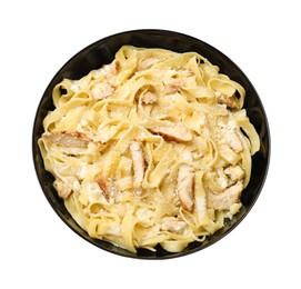 Photo of Tasty Alfredo pasta with chicken isolated on white, top view