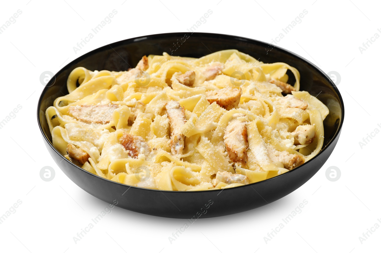 Photo of Tasty Alfredo pasta with chicken isolated on white