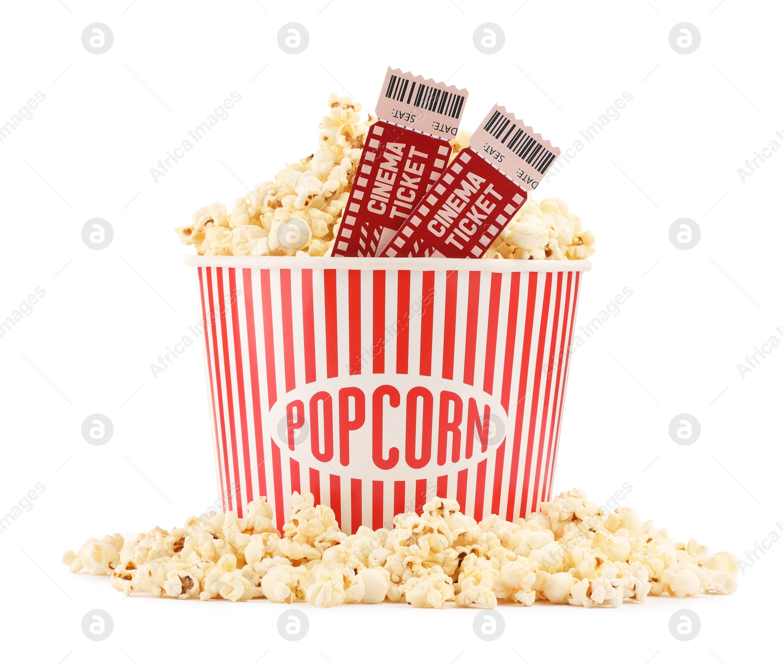 Photo of Tasty popcorn and movie tickets isolated on white