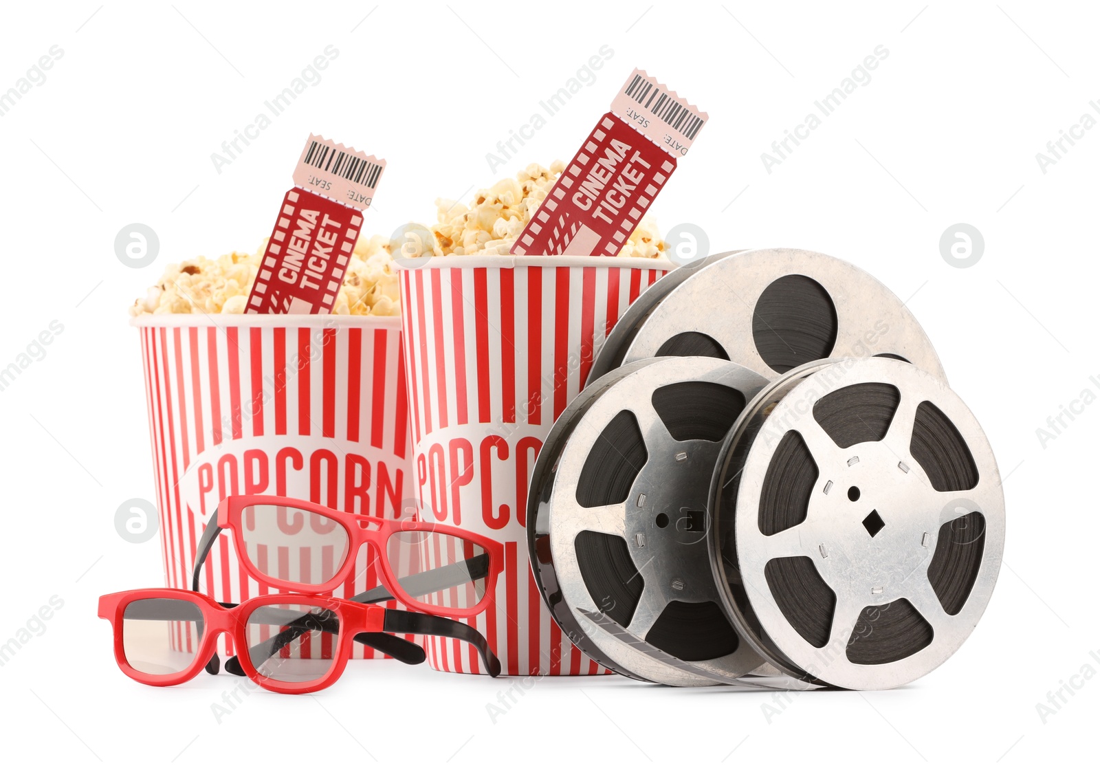 Photo of Tasty popcorn, film reels, glasses and movie tickets isolated on white