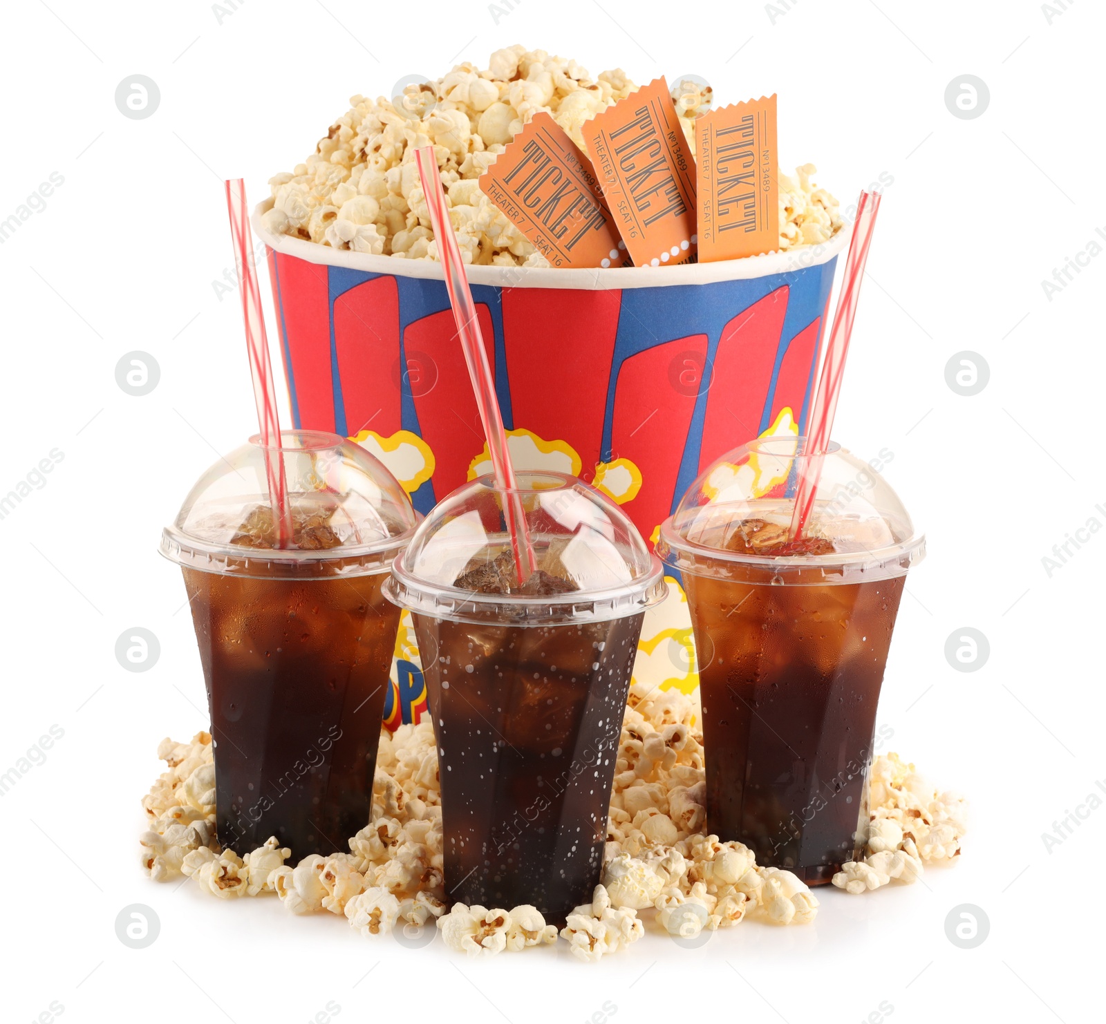 Photo of Tasty popcorn, soda drinks and movie tickets isolated on white