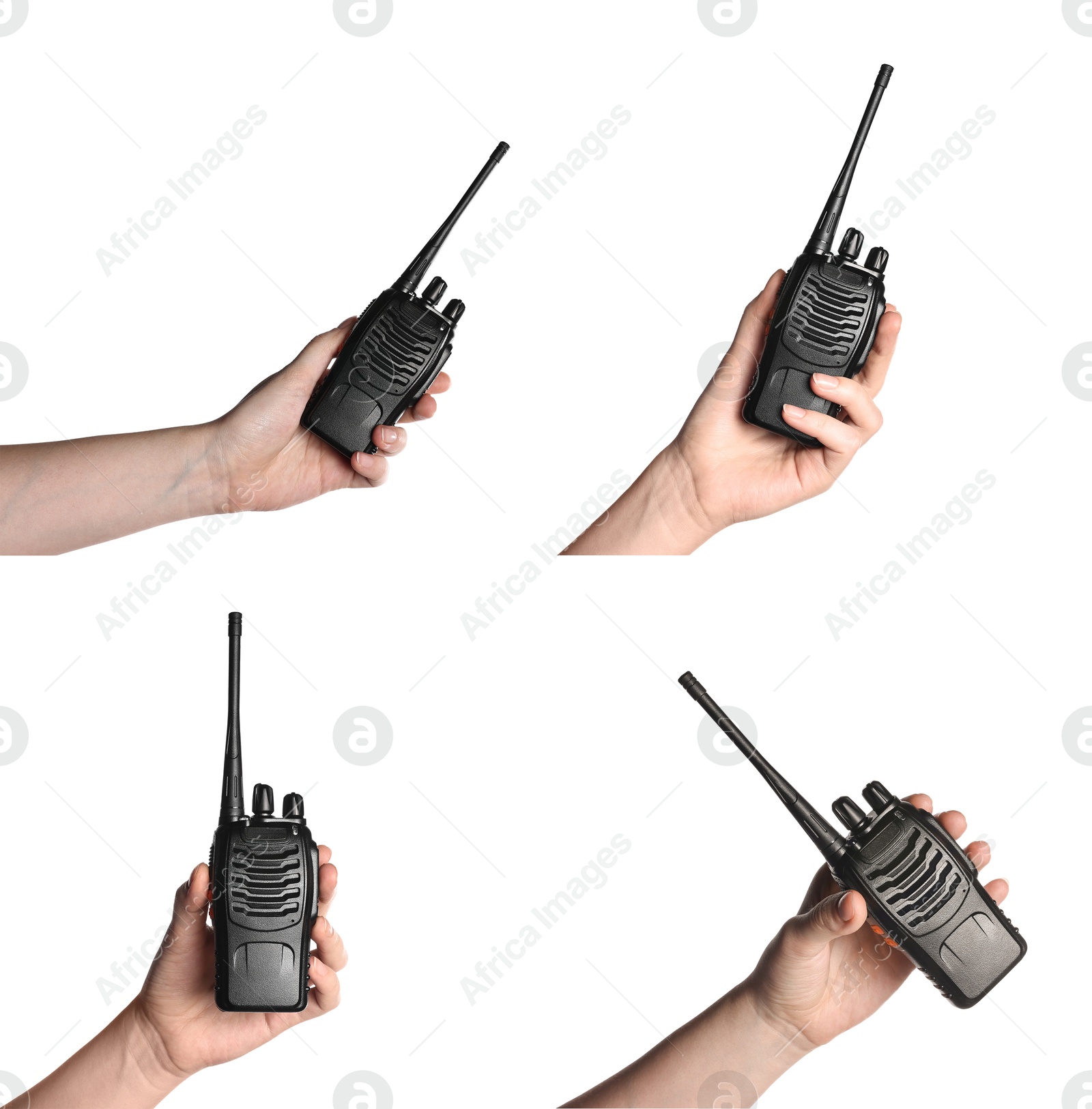 Image of Woman holding walkie talkie on white background, closeup