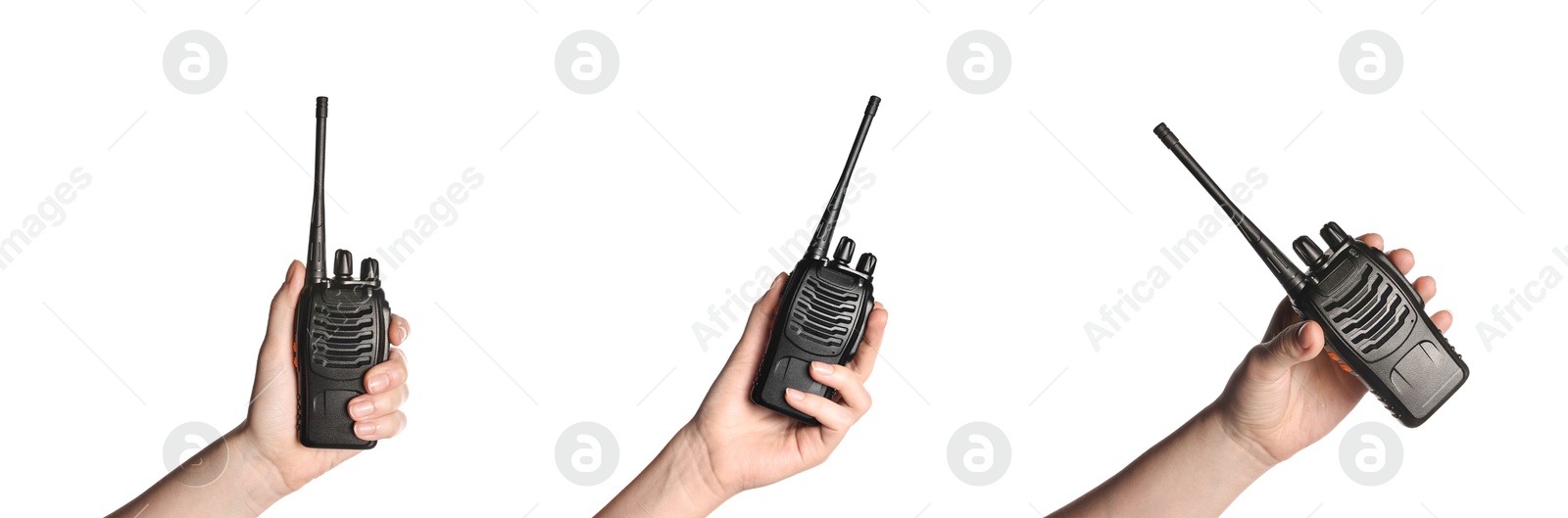 Image of Woman holding walkie talkie on white background, closeup