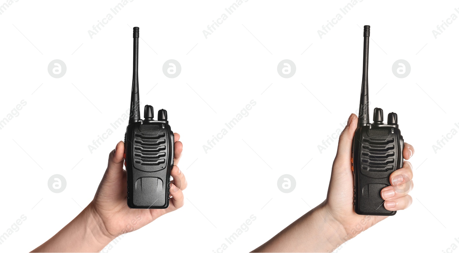 Image of Woman holding walkie talkie on white background, closeup