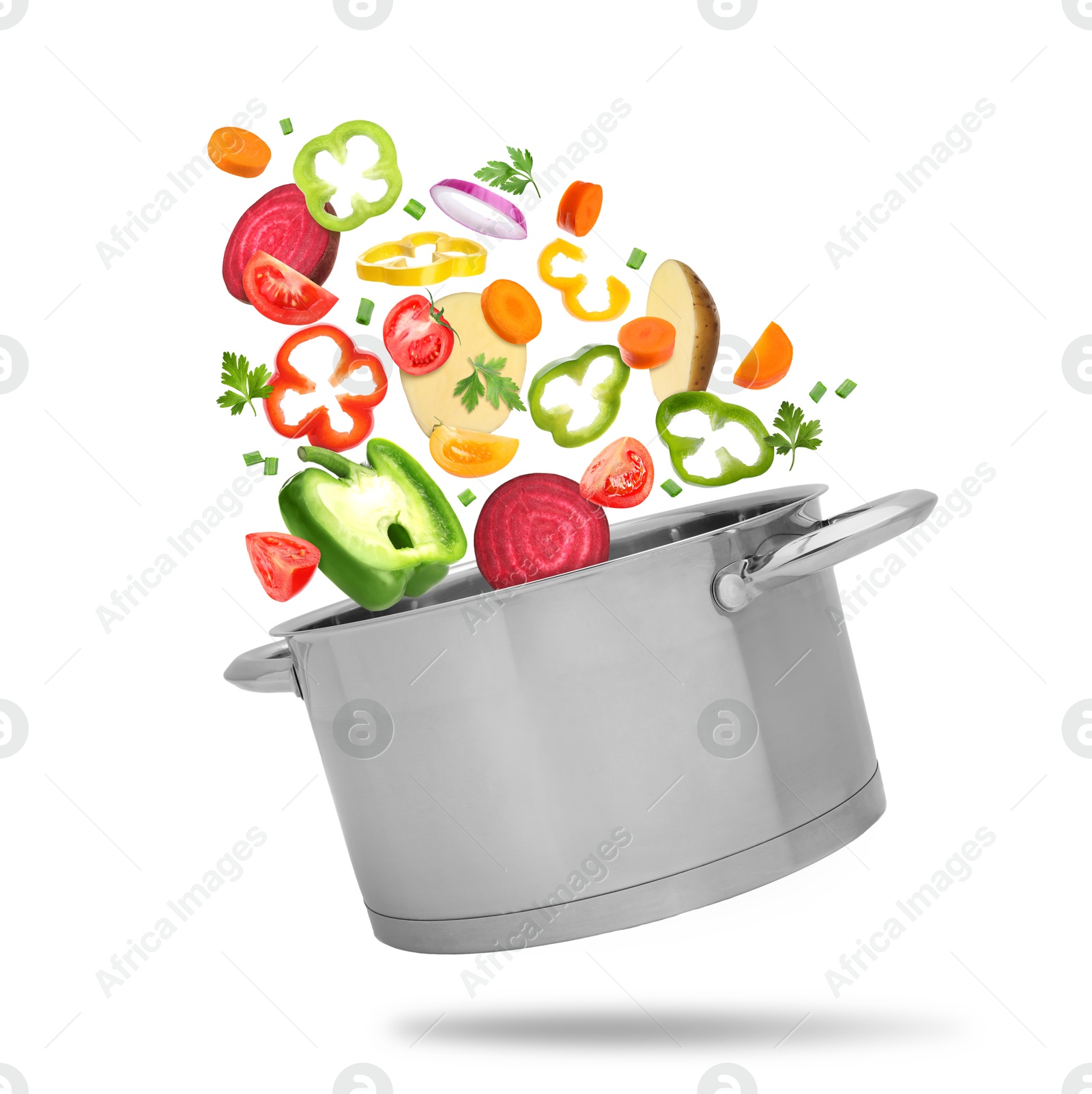 Image of Vegetables for soup and pot in air on white background