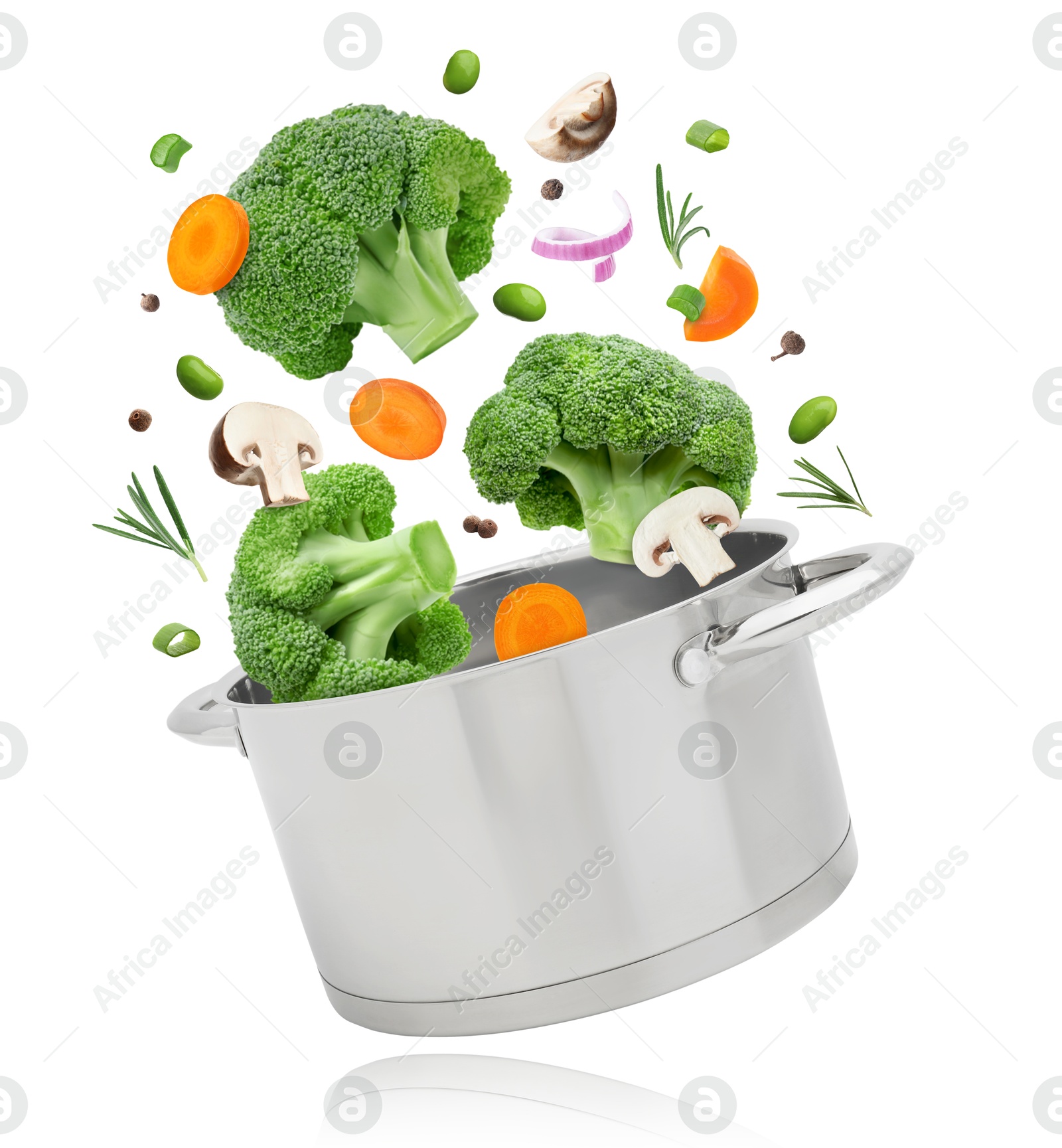 Image of Vegetables for soup and pot in air on white background