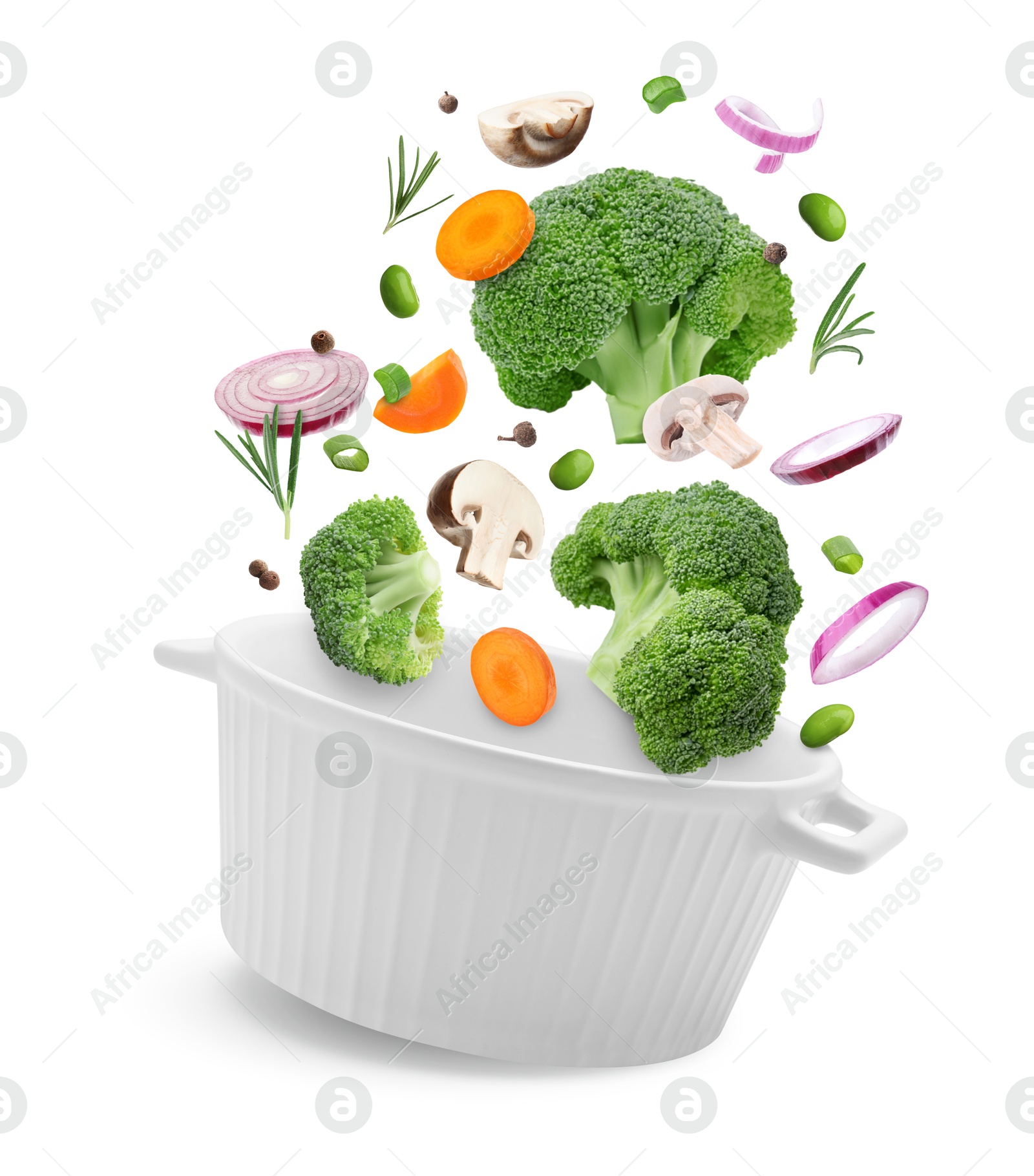 Image of Vegetables for soup and pot in air on white background